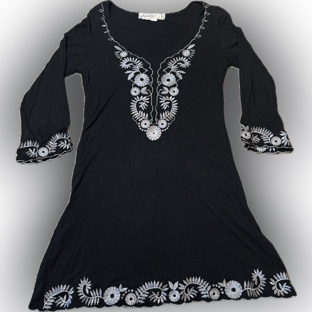 E35 Real Black Embroidered V-Neck Long-Sleeve Dress, Size L